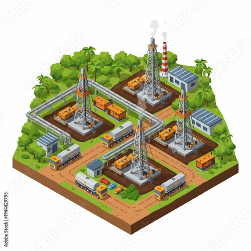 Isometric Oil Field with Drilling Rigs and Infrastructure.