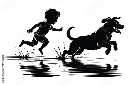 Happy boy and dog running in water silhouette, playful pet and child enjoying outdoor fun, dynamic motion in splash, friends playing together