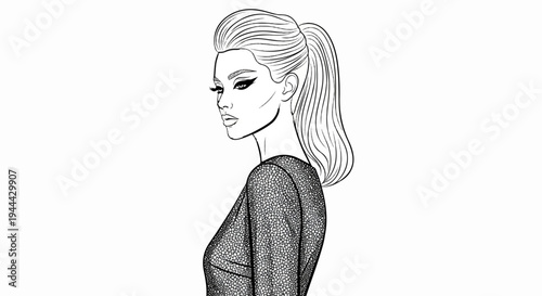 Fashion illustration of a woman with a high ponytail and dramatic eye makeup