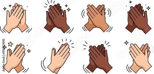 Clapping hands gestures set with diverse skin tones applause cartoon vector illustration