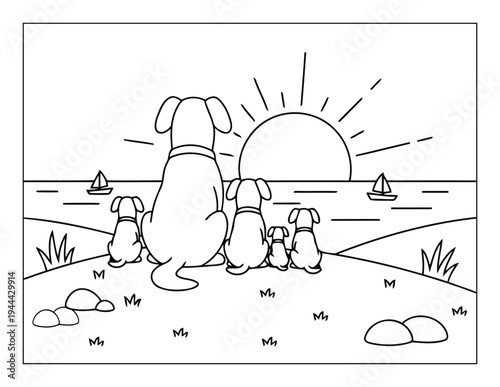 Dogs watching sunset by ocean with sailboats peaceful outline coloring page scene