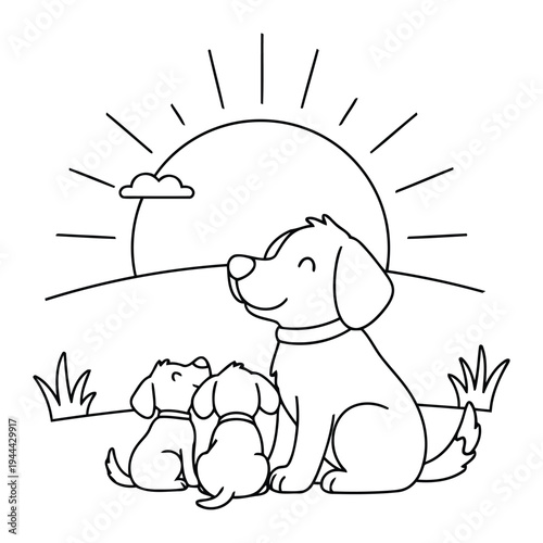 Dogs watching sunrise together on hill peaceful outline coloring page illustration