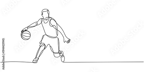 Continuous one line drawing of basketball player dribbling and holding the ball. Athlete running simplicity minimalism design.