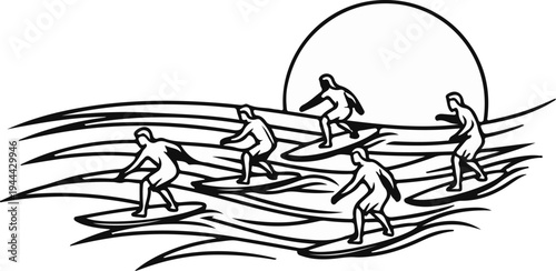 Five surfers ride waves under a large sun during daytime