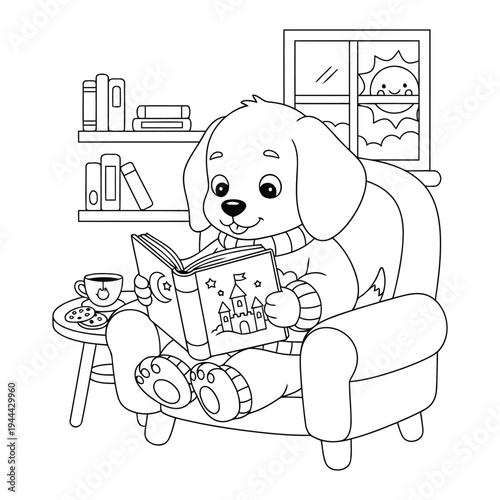 Puppy reading fairy tale book in cozy chair cute outline coloring page illustration