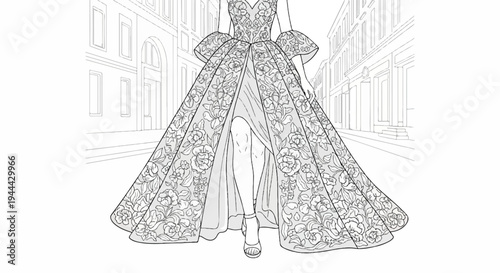 Fashionable woman walking down a street in a floral gown with a high slit