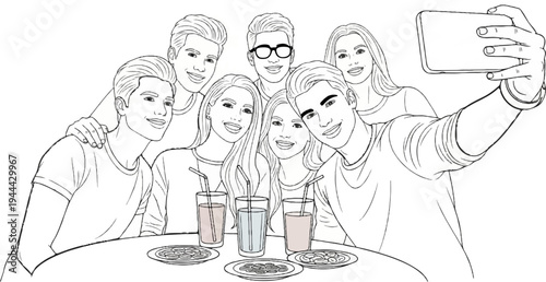 Friends take a selfie at a table with drinks and snacks