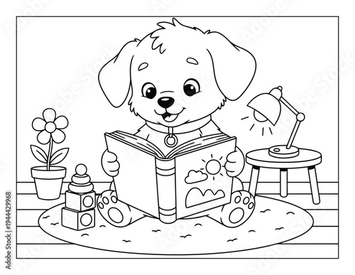 Reading puppy sitting on cozy rug with book toys and lamp outline coloring page