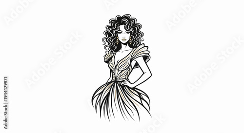 Fashionable woman with curly hair and a voluminous gown, striking a pose