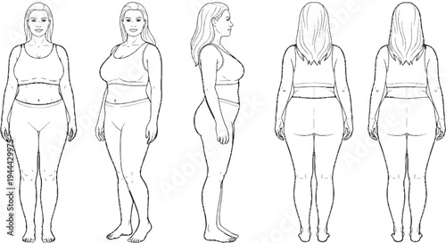 Five views of a woman's full-figured body, front and back