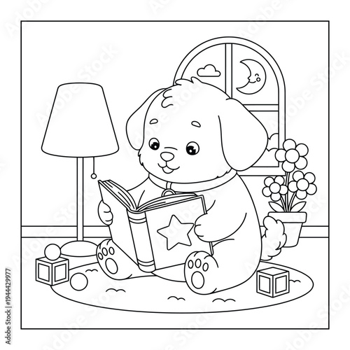 Puppy reading bedtime story book by window under moon outline coloring page