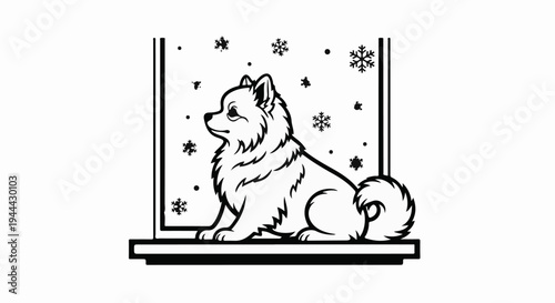 Fluffy dog sits by window watching snowflakes fall