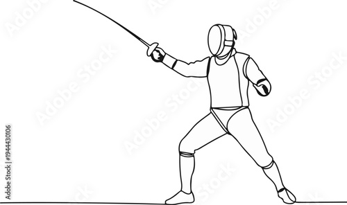 Fencer in protective gear lunges with foil, black and white outline drawing