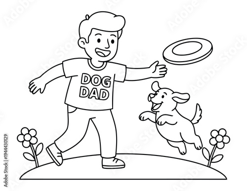 Man playing frisbee with jumping puppy in park outline coloring page illustration