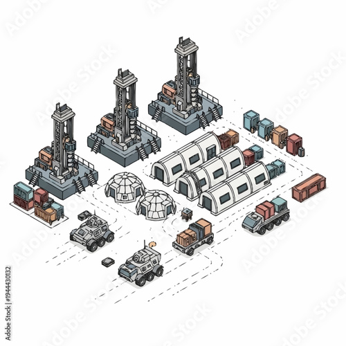 Isometric pixel art military base with various structures and vehicles.