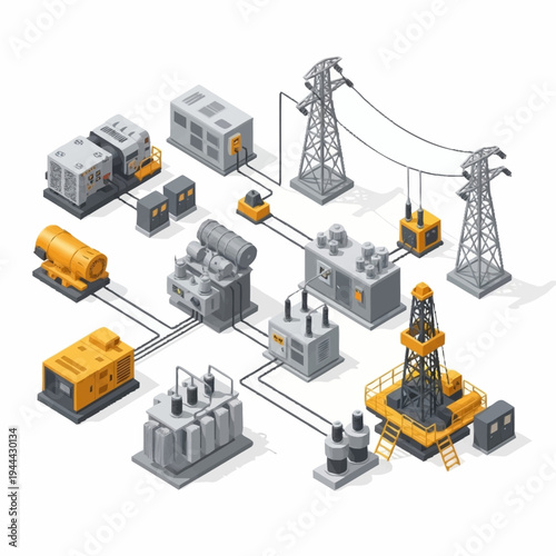 Isometric Power Generation and Distribution Network Illustration.