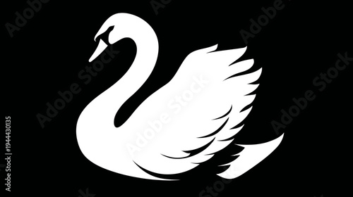 A graceful swan, rendered in white against a stark black background. Simple, elegant silhouette