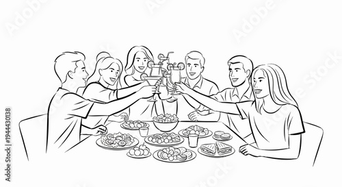 Friends toasting with drinks and food at a dinner table