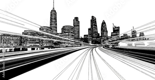 Dynamic sketch of a modern city skyline with light trails indicating fast movement