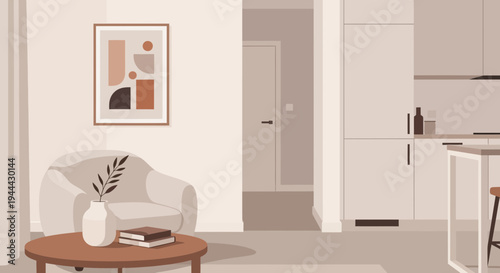 Cozy Living Area and Kitchen Flat Design Illustration