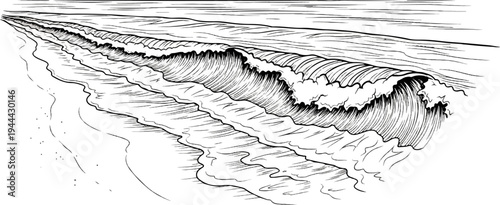 Dynamic ocean waves crash onto a sandy shore in a striking black and white sketch