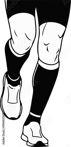 Dynamic illustration of a runner's legs in motion, with stylized knees and footwear