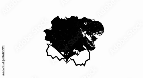 Ferocious black dinosaur bursting through torn paper, sharp teeth bared