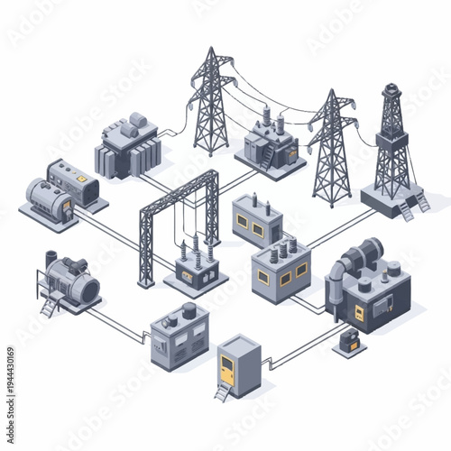 Isometric Power Grid Infrastructure with Substations and Transmission Towers.