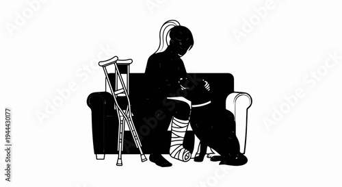 Injured person with bandaged leg sits on couch petting dog, crutches nearby