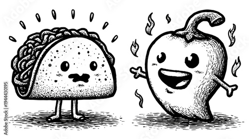 Adorable food art features a grinning taco and a chili pepper, both with expressive faces