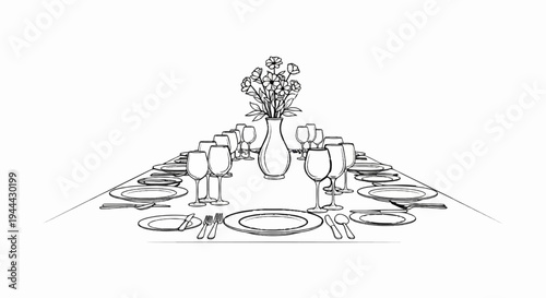 Formal table setting with floral centerpiece and multiple place settings
