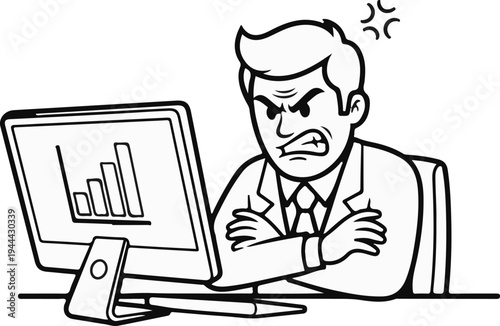 Frustrated businessman with crossed arms stares at computer screen displaying a bar graph