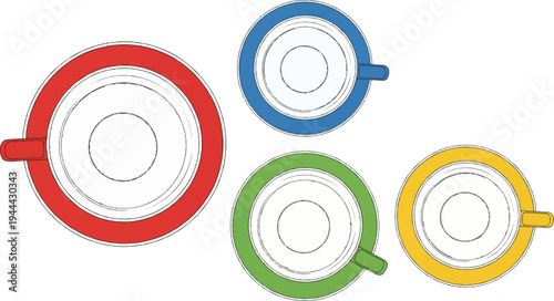 Four colorful cups with saucers viewed from above
