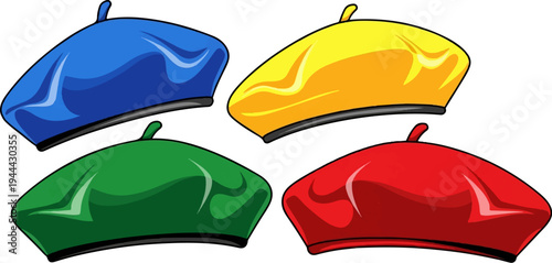 Four brightly colored berets arranged in a square formation