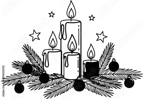 Festive arrangement with lit candles, pine branches, ornaments, and stars