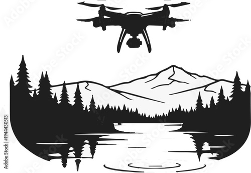 Drone aerial view of serene lake, pine forest, and majestic mountains