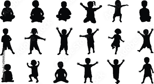 Children silhouettes set with kids sitting, jumping, playing and standing in various poses isolated vector collection for childhood, preschool and education design