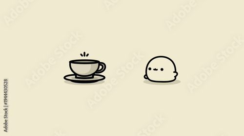 A simple, minimalist illustration features a coffee cup and a round, blob-like cartoon character