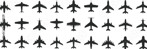 Collection of airplane silhouettes top view set featuring various commercial jet aircraft icons isolated on light background aviation transport fleet vector style illustration