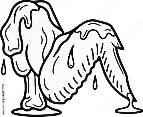 Dripping, saucy chicken wings in a black and white line drawing