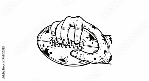 Ink drawing of a hand gripping a mud-splattered football