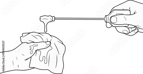 Dripping liquid from a tool onto a cloth held by hands
