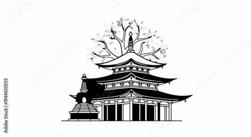 Elegant pagoda with blooming tree and stupa against white background
