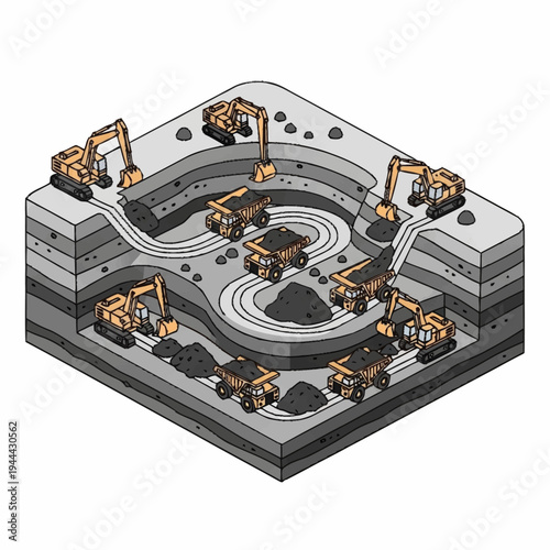 Isometric view of an open pit mine with heavy machinery excavating and transporting coal.