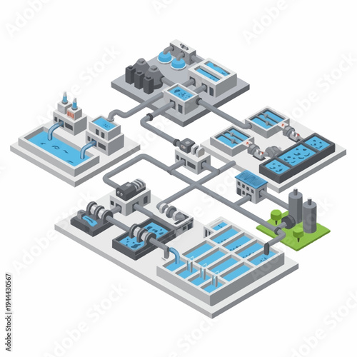 Isometric Water Treatment Plant Diagram with Purification Stages.