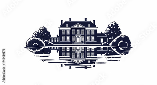 Elegant mansion with symmetrical reflection in tranquil water, surrounded by trees