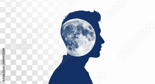Full moon in profile silhouette of a human head against a checkered background