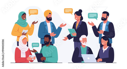 Diverse Global Team Collaboration & Communication: Multi-ethnic business professionals engaged in a dynamic meeting, discussing ideas in an inclusive workplace.