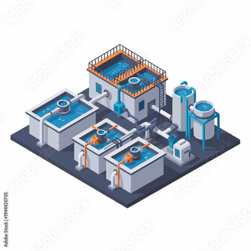 Isometric Water Treatment Plant Illustration with Tanks and Pipes.