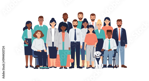 Diverse and Inclusive Business Team Standing Together: Multiracial Professionals, Colleagues with Disabilities and Service Dog